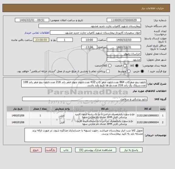 استعلام نایلون پنج صفرکات 864 عدد،نایلون صفر کات 432 عدد،نایلون چهار صفر راند 216 عدد،نایلون پنج صفر راند 108 عدد،سیلک یک راند 216 عدد.نخ ها تاریخ بلند باشد.