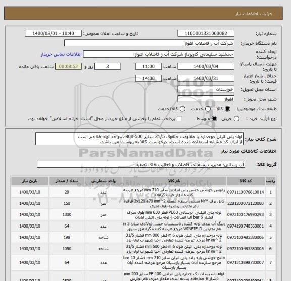 استعلام لوله پلی اتیلن دوجداره با مقاومت حلقوی 31/5 سایز 500-800-...واحد لوله ها متر است
از ایران کد مشابه استفاده شده است. درخواست کالا به پیوست می باشد.
