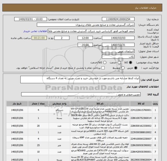 استعلام ایران کدها مشابه می باشدو مورد در خواستی خرید و نصب دوربین به تعداد 4 دستگاه 