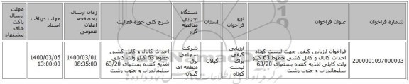 فراخوان ارزیابی کیفی جهت لیست کوتاه احداث کانال و کابل کشی خطوط 63 کیلو ولت کابلی تغذیه کننده پستهای 63/20 سلیماندراب و جنوب رشت