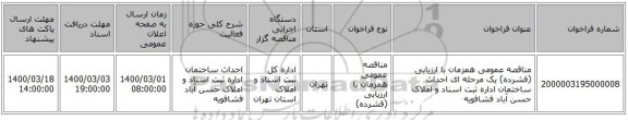مناقصه عمومی همزمان با ارزیابی (فشرده) یک مرحله ای احداث ساختمان اداره ثبت اسناد و املاک حسن آباد فشافویه