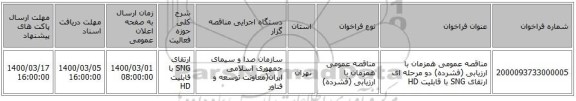 مناقصه عمومی همزمان با ارزیابی (فشرده) دو مرحله ای ارتقای SNG  با قابلیت HD