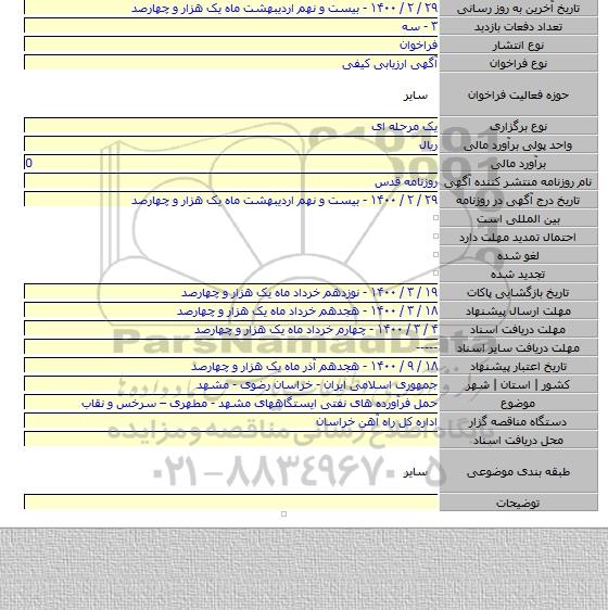 حمل فرآورده های نفتی ایستگاههای مشهد - مطهری – سرخس و نقاب