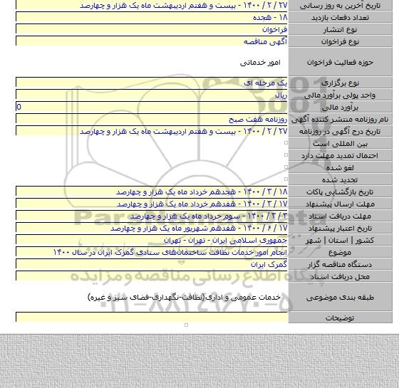 انجام امور خدمات نظافت ساختمان‏های ستادی گمرک ایران در سال ۱۴۰۰