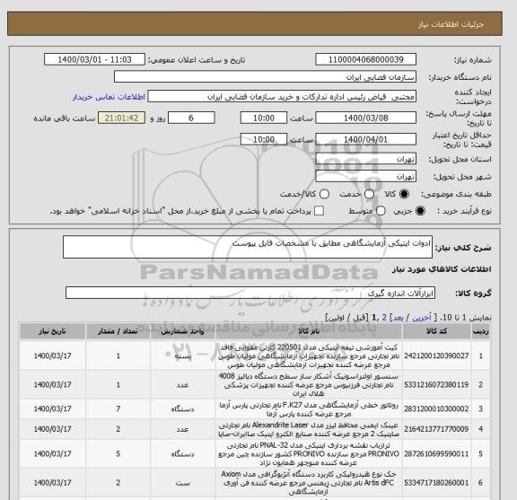 استعلام ادوات اپتیکی آزمایشگاهی مطابق با مشخصات فایل پیوست