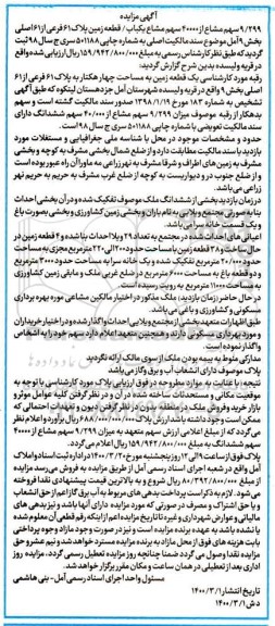 مزایده مزایده 9.299 سهم مشاع یکباب قطعه زمین