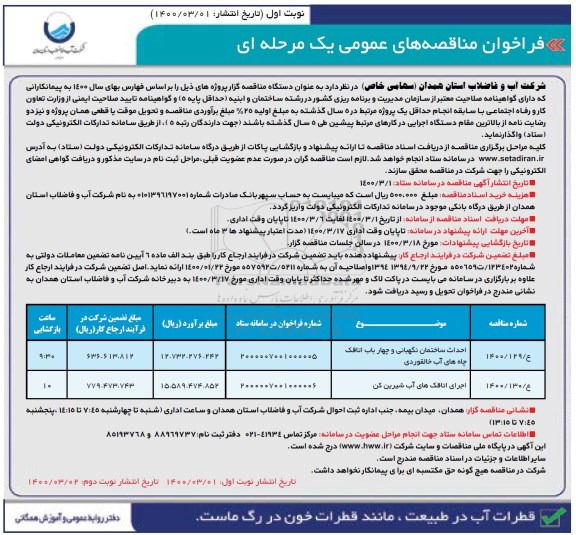 فراخوان مناقصه،مناقصه احداث ساختمان نگهبانی و چهار باب اتاقک چاه های آب و ...