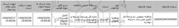 مناقصه عمومی دو مرحله ای تکمیل هنرستان دخترانه دیواندره