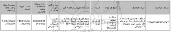 مناقصه عمومی همزمان با ارزیابی (فشرده) دو مرحله ای تجدید خرید تجهیزات الکترونیکی 