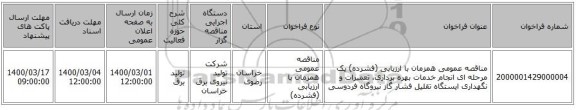 مناقصه عمومی همزمان با ارزیابی (فشرده) یک مرحله ای انجام خدمات بهره برداری، تعمیرات و نگهداری ایستگاه تقلیل فشار گاز نیروگاه فردوسی