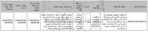 مناقصه عمومی همزمان با ارزیابی (فشرده) دو مرحله ای دو دستگاه دیگ فولادی و دو دستگاه بوستر پمپ آبرسانی و آتشنشانی جهت سالن دو و  میدانی شهید نصیری یزد 