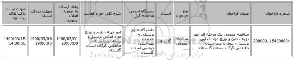 مناقصه عمومی یک مرحله ای امور تهیه ، طبخ و توزیع مواد غذایی پرسنل و بیماران بیمارستان طالقانی گرگان استان گلستان