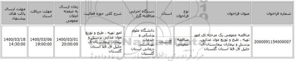 مناقصه عمومی یک مرحله ای امور تهیه ، طبخ و توزیع مواد غذایی پرسنل و بیماران بیمارستان آل جلیل آق قلا استان گلستان