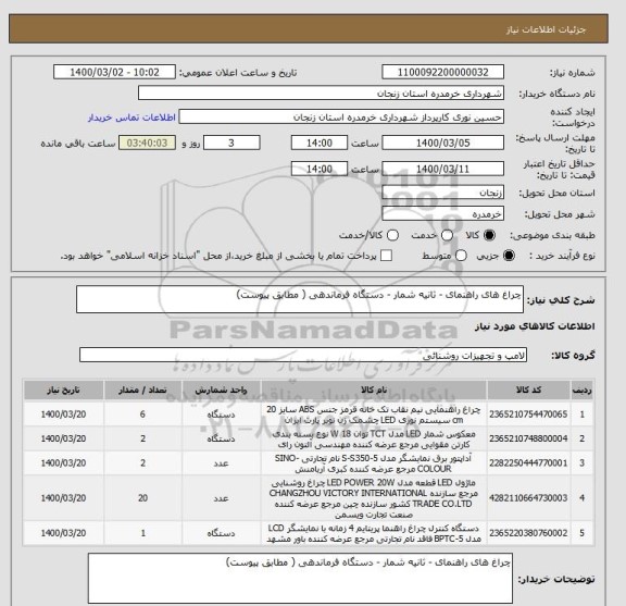 استعلام چراغ های راهنمای - ثانیه شمار - دستگاه فرماندهی ( مطابق پیوست)