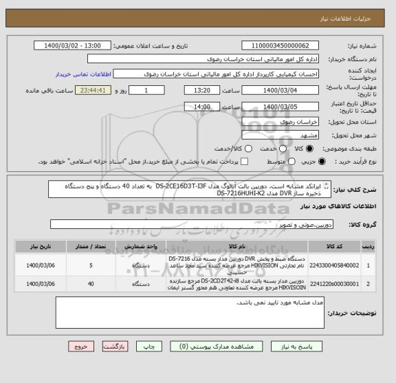 استعلام ایرانکد مشابه است. دوربین بالت آنالوگ مدل DS-2CE16D3T-I3F  به تعداد 40 دستگاه و پنج دستگاه ذخیره ساز DVR مدل DS-7216HUHI-K2

