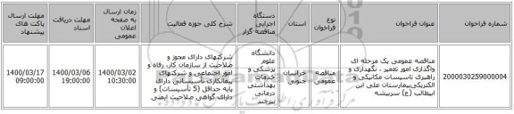مناقصه عمومی یک مرحله ای واگذاری امور تعمیر ، نگهداری‌ و راهبری‌ تاسیسات‌ مکانیکی‌ و الکتریکی‌بیمارستان علی ابن ابیطالب (ع) سربیشه   