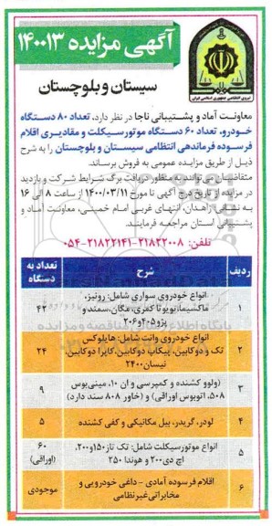 مزایده، مزایده فروش تعداد 80 دستگاه خودرو، تعداد 60 دستگاه موتورسیکلت و مقادیری اقلام فرسوده