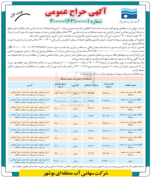 مزایده عمومی,مزایده عمومی اجاره اراضی