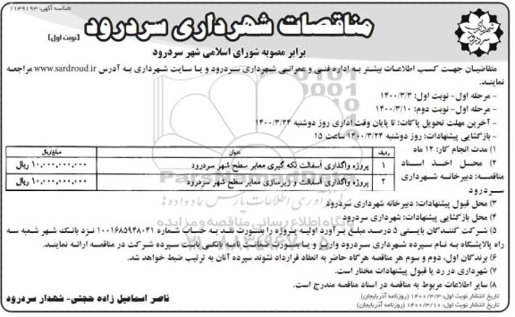 مناقصات, مناقصه پروژه واگذاری آسفالت لکه گیری معابر 
