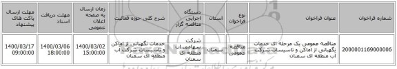 مناقصه عمومی یک مرحله ای خدمات نگهبانی از اماکن و تاسیسات شرکت آب منطقه ای سمنان
