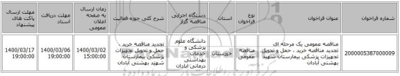 مناقصه عمومی یک مرحله ای تجدید مناقصه خرید ، حمل و تحویل تجهیزات پزشکی بیمارستان شهید بهشتی آبادان