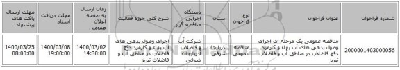 مناقصه عمومی یک مرحله ای اجرای وصول بدهی های آب بهاء و کارمزد دفع فاضلاب در مناطق آب و فاضلاب تبریز