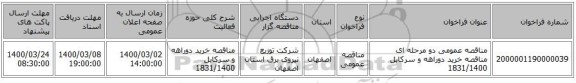 مناقصه عمومی دو مرحله ای مناقصه خرید دوراهه و سرکابل  1831/1400