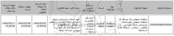 مناقصه عمومی یک مرحله ای مناقصه عمومی امورخدمات پشتیبانی مراکز آموزشی ، رفاهی ، درمانی ، اردوگاه ها و استخرها