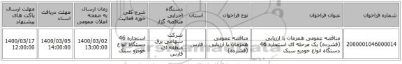 مناقصه عمومی همزمان با ارزیابی (فشرده) یک مرحله ای استجاره 46 دستگاه انواع خودرو سبک