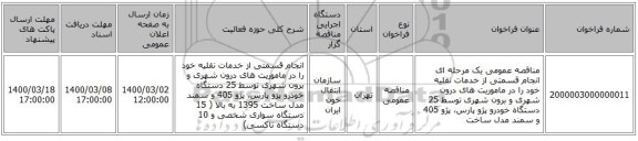 مناقصه عمومی یک مرحله ای انجام قسمتی از خدمات نقلیه خود را در ماموریت های درون شهری و برون شهری توسط 25 دستگاه خودرو پژو پارس، پژو 405 و سمند مدل ساخت