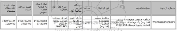 مناقصه عمومی همزمان با ارزیابی (فشرده) یک مرحله ای اجرای عملیات اتفاقات بنارویه لارستان 14001943