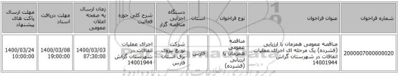 مناقصه عمومی همزمان با ارزیابی (فشرده) یک مرحله ای اجرای عملیات اتفاقات در شهرستان گراش 14001944