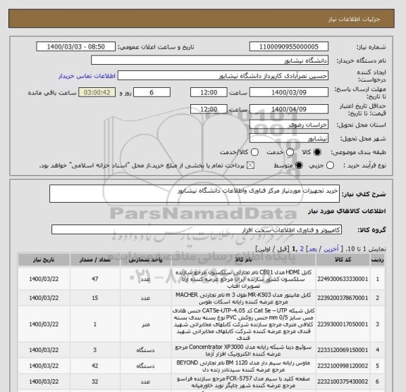 استعلام خرید تجهیزات موردنیاز مرکز فناوری واطلاعات دانشگاه نیشابور