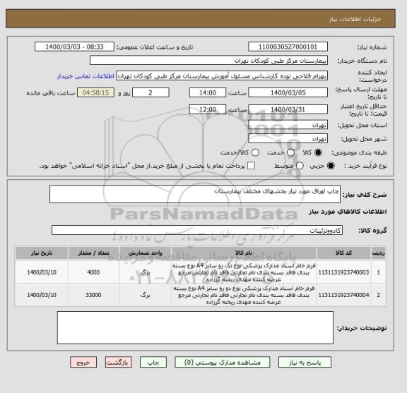 استعلام چاپ اوراق مورد نیاز بخشهای مختلف بیمارستان