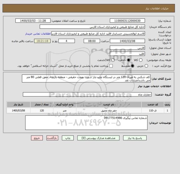 استعلام کف شکنی به میزان 120 متر در ایستگاه تولید بذر شهید بهجت حقیقی - منطقه بازبچه. عمق فعلی 80 متر می باشداعتبارات نقد