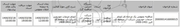 مناقصه عمومی یک مرحله ای انجام خدمات خودرویی شرکت آب منطقه ای البرز 1401-1400 