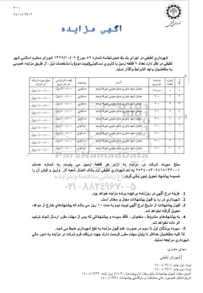 مزایده واگذاری تعداد 9 قطعه زمین نوبت دوم