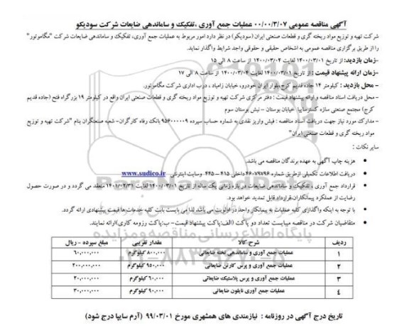 مناقصه امور مربوط به عملیات جمع آوری، تفکیک و ساماندهی ضایعات
