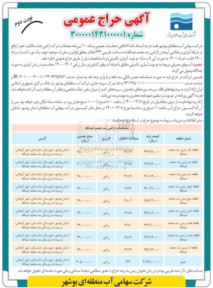 مزایده عمومی اجاره اراضی - نوبت دوم