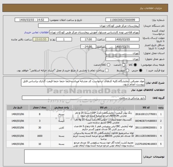 استعلام مواد مصرفی آزمایشگاه.کلیه کدهای درخواست کد مشابه میباشدحتما حتما حتما قیمت گذاری براساس فایل پیوست انجام شود.