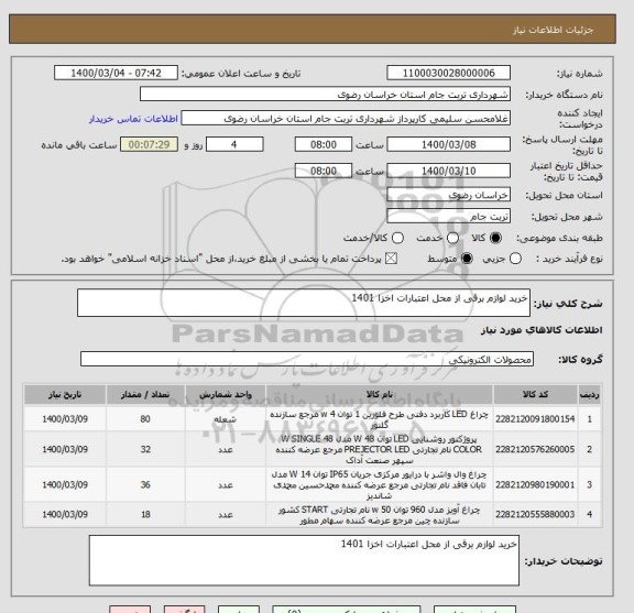 استعلام خرید لوازم برقی از محل اعتبارات اخزا 1401