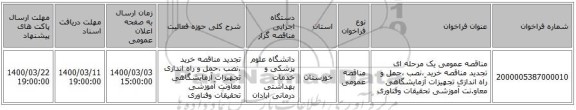 مناقصه عمومی یک مرحله ای تجدید مناقصه خرید ،نصب ،حمل و راه اندازی تجهیزات آزمایشگاهی معاو.نت آموزشی تحقیقات وفناوری