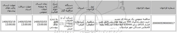 مناقصه عمومی یک مرحله ای تجدید خرید،حمل،بارگیری 550 متر لوله های پلی اتیلن تحت فشار pn10 سایز 630mm خط انتقال ایستگاه پمپاژ فاضلابی مساکن مهر میاندوآب