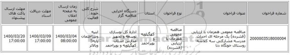 مناقصه عمومی همزمان با ارزیابی (فشرده) یک مرحله ای احداث مدرسه مشارکتی سه کلاسه روستای  خونگاه دنا