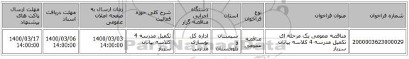 مناقصه عمومی یک مرحله ای تکمیل مدرسه 4 کلاسه بپاتان سرباز
