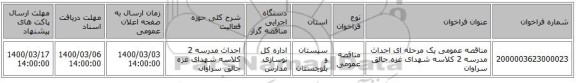 مناقصه عمومی یک مرحله ای احداث مدرسه 2 کلاسه شهدای غزه جالق سراوان
