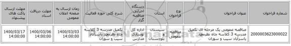 مناقصه عمومی یک مرحله ای تکمیل مدرسه 3 کلاسه چاه نظرمحمد یاسرآباد سیب و سوران