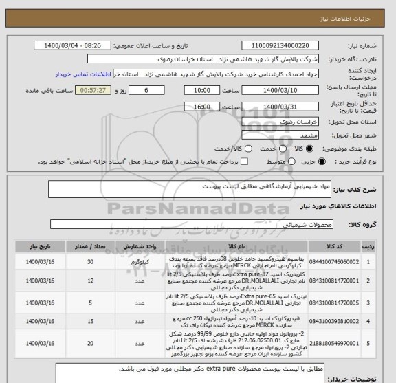 استعلام مواد شیمیایی آزمایشگاهی مطابق لیست پیوست