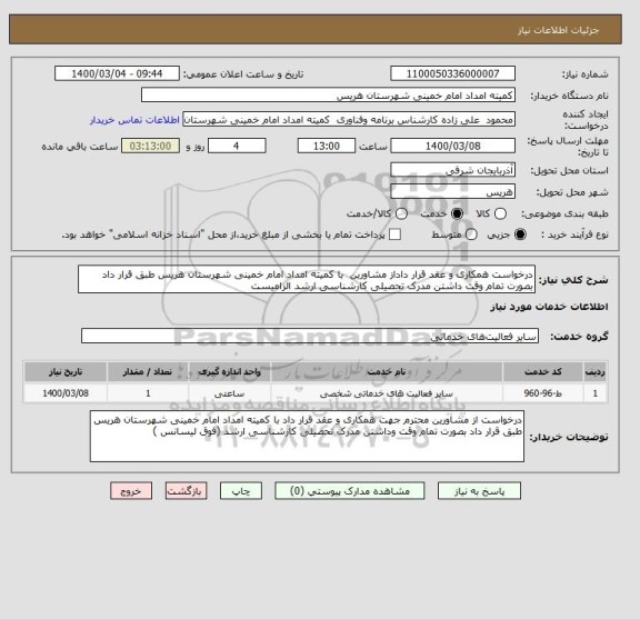 استعلام درخواست همکاری و عقد قرار داداز مشاورین  با کمیته امداد امام خمینی شهرستان هریس طبق قرار داد بصورت تمام وقت داشتن مدرک تحصیلی کارشناسی ارشد الزامیست 