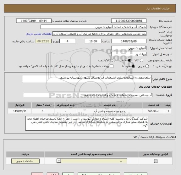 استعلام ساماندهی و استانداردسازی انشعابات آب روستای پسوه شهرستان پیرانشهر
